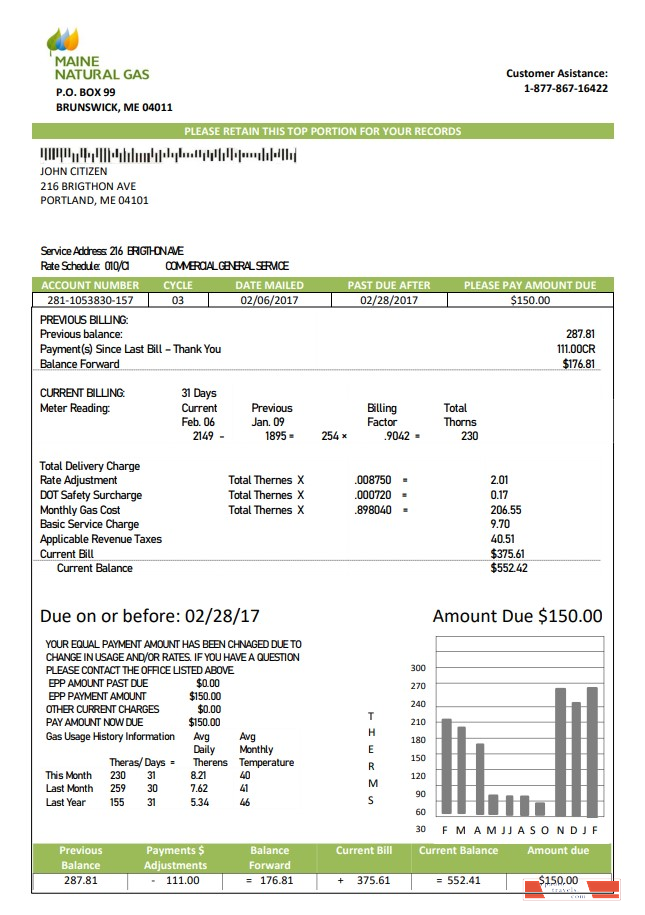 USA Maine Natural Gas Portland utility bill template in Word and PDF format